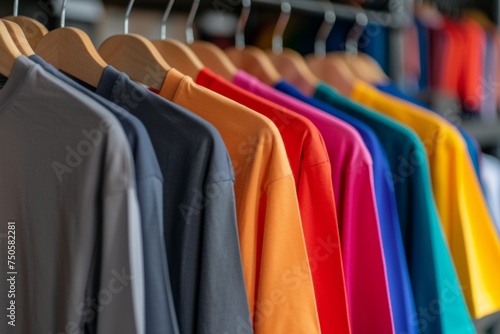 An elegant gradient of plain T-shirts, from cool grey to warm hues, displayed on wooden hangers, exemplifying a seamless transition of color in fashion.