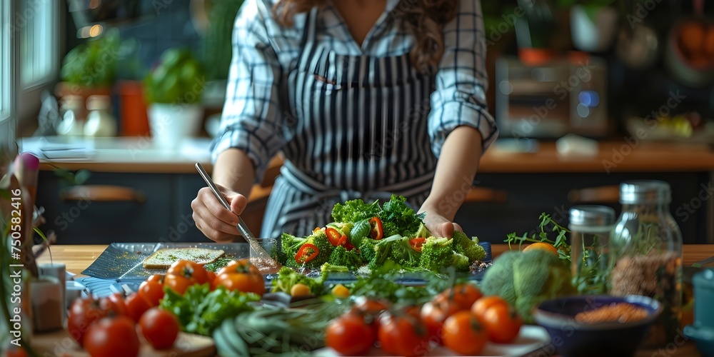 Obraz premium Woman Preparing a Fresh and Healthy Vegetable Salad in the Kitchen