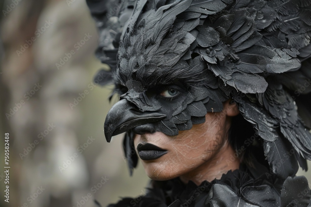 A striking close-up of an individual in a raven costume, the black feathers and beak mask exude an air of mystery and elegance, perfect for thematic events.