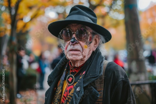 An elder's outdoor portrait exudes a strong presence, with a classic black hat and reflective sunglasses, against an autumnal city park backdrop.