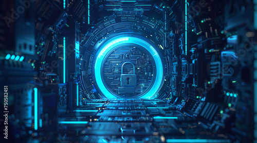 Cybersecurity sci-fi technology background with perspective view of empty room and door with padlock photo