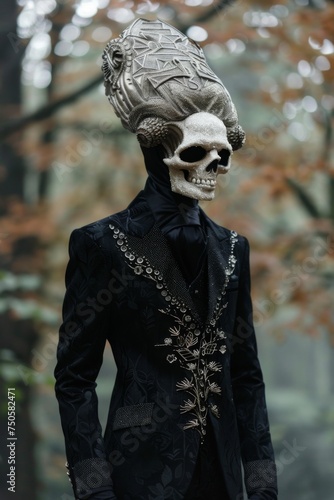 A hauntingly elegant figure in a skull mask exudes a sophisticated gothic charm, dressed in a detailed black jacket amidst a blurred forest backdrop.