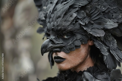 A striking close-up of an individual in a raven costume, the black feathers and beak mask exude an air of mystery and elegance, perfect for thematic events.