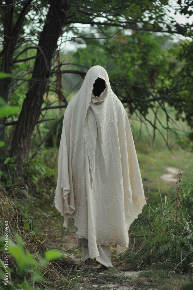 A ghostly figure roams an overgrown path, draped in a tattered sheet with eye holes torn out, blending folklore with the natural world. A ghostly figure roams an overgrown path, draped in a tattered sheet with eye holes torn out, blending folklore with the natural world.