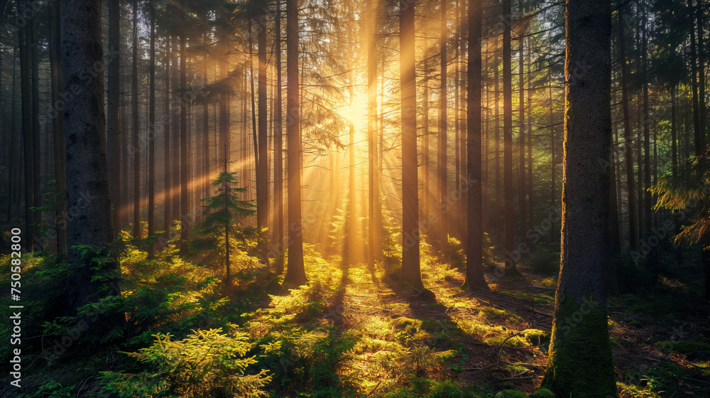 Fototapeta premium Spring Forest with Beautiful Sun Rays