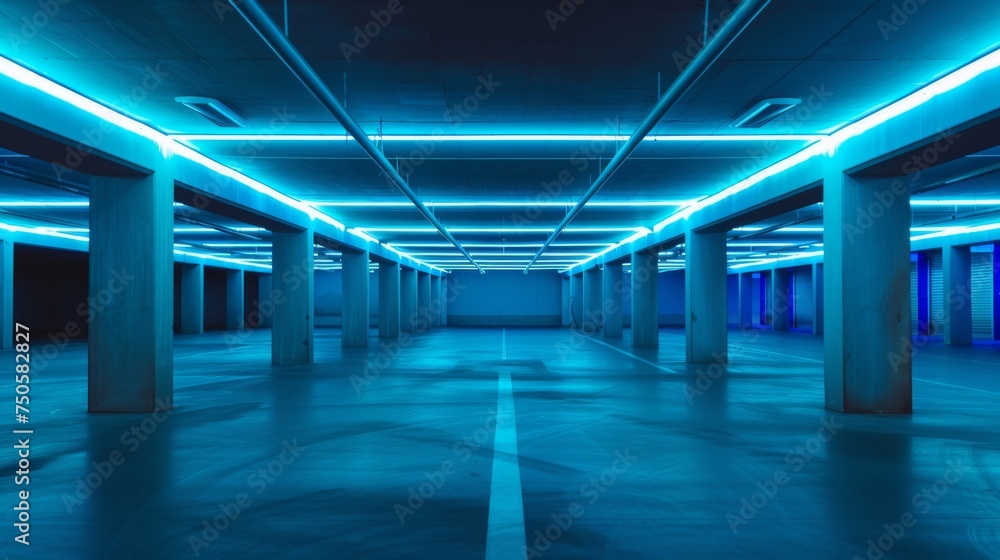 Fototapeta premium Blue Neon Lights in Empty Parking Garage, An empty underground parking garage bathed in cool blue neon lights, creating a calm and modern ambiance.