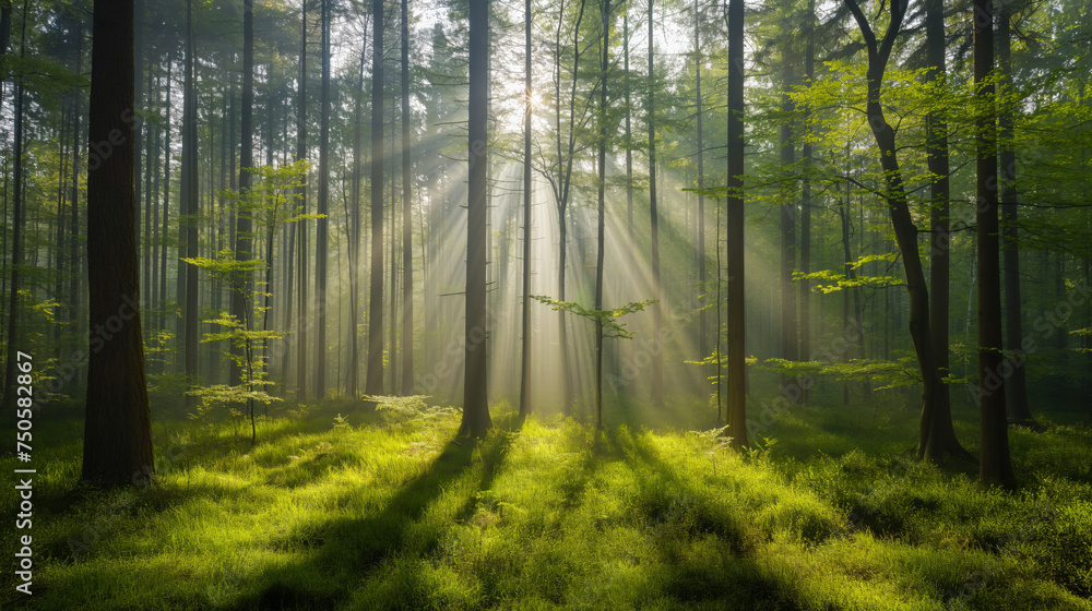 Fototapeta premium Spring Forest with Beautiful Sun Rays