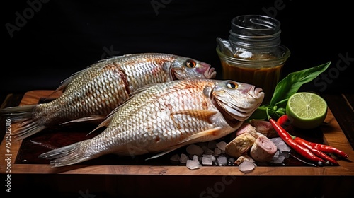 Fresh Tilapia fish on board with a cup of salt, and garlic. Oreochromis Niloticus. Freshwater Fish. In Indonesia also known as Ikan Nila or Mujair.


 photo