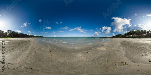 Beach with ocean waves crashing over the sand. El Nido. Palawan. Philippines. VR 360.