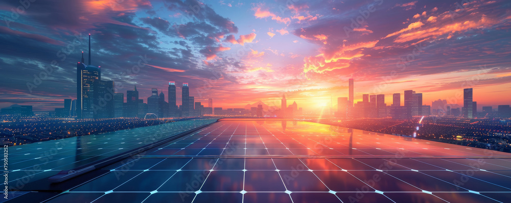 Use your artistic skills to depict the beauty of a solar cell in a futuristic cityscape