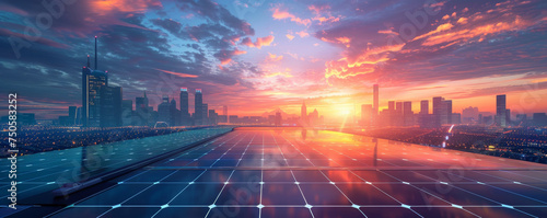 Use your artistic skills to depict the beauty of a solar cell in a futuristic cityscape