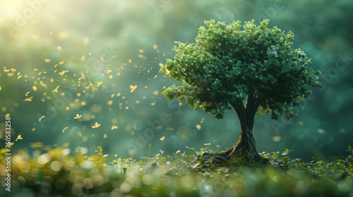 Visualize the concept of ESG Environmental Social and Governance principles through the metaphor of a musical tree