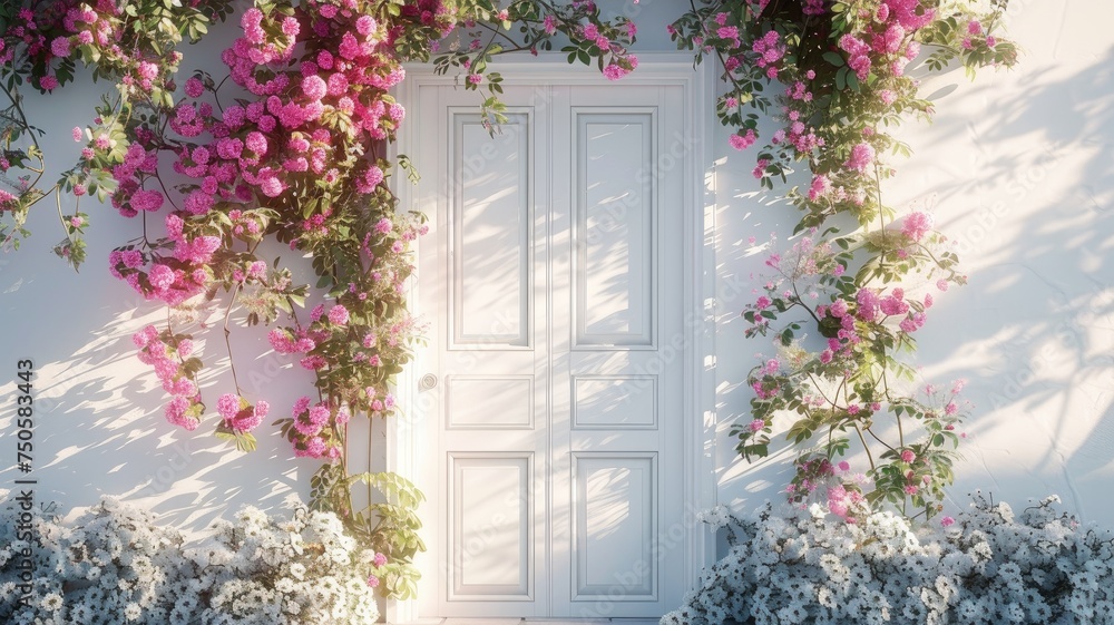 Fototapeta premium a white decorative entrance door adorned with a soft pink flowers garland, inviting viewers into a world of elegance and charm, where every detail speaks of warmth and welcome.