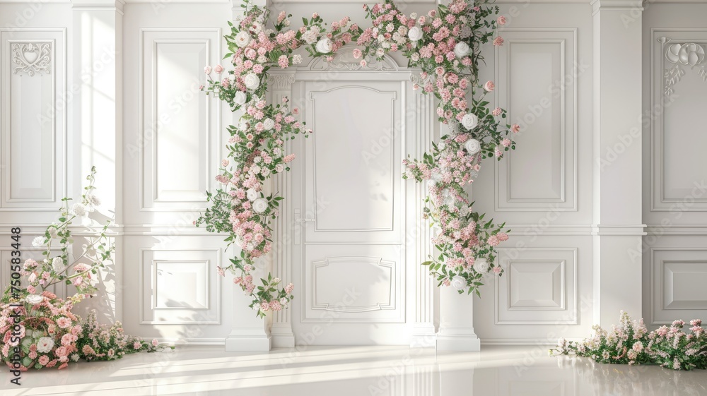 a white decorative entrance door adorned with a soft pink flowers garland, inviting viewers into a world of elegance and charm, where every detail speaks of warmth and welcome. a white decorative entrance door adorned with a soft pink flowers garland, inviting viewers into a world of elegance and charm, where every detail speaks of warmth and welcome.