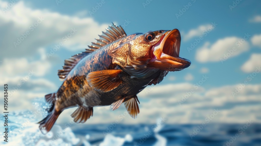 Obraz premium Largemouth Bass or perch Jumping Out of Water, A dynamic image capturing a largemouth bass fish leaping out of the water with splashing droplets, set against a blue sky.