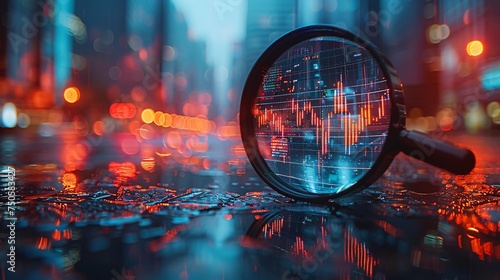 magnifier glass with economical stock market graph photo