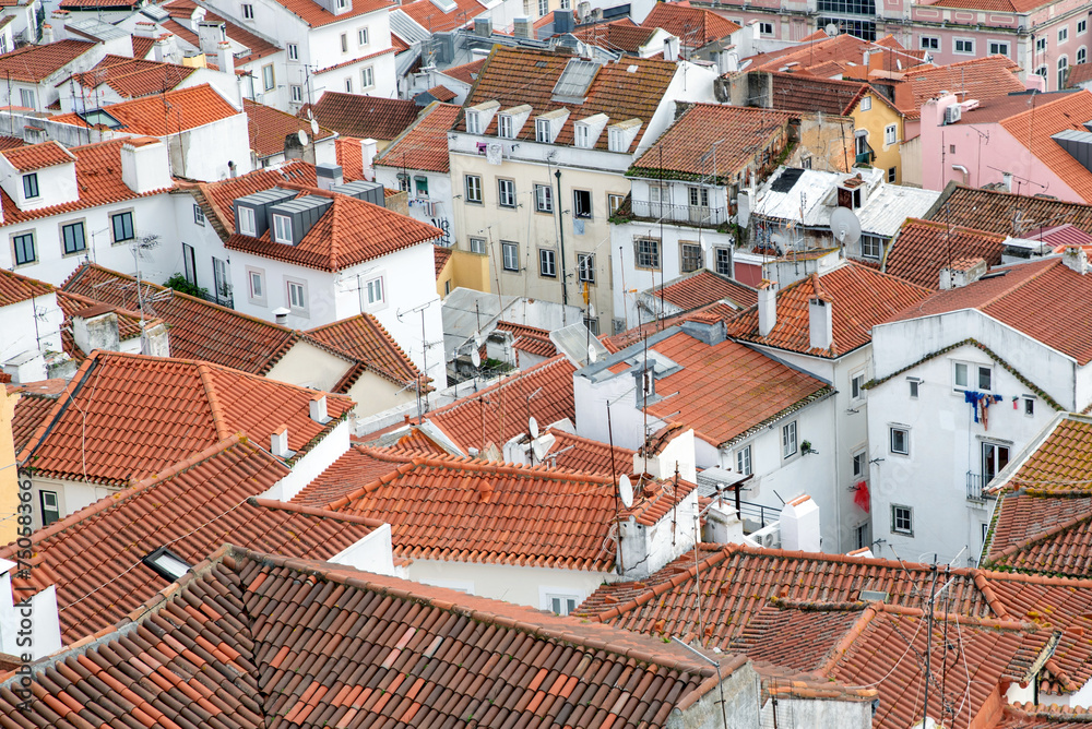 Rooftops of and skyline of a Lisbon, Portugal neighborhood