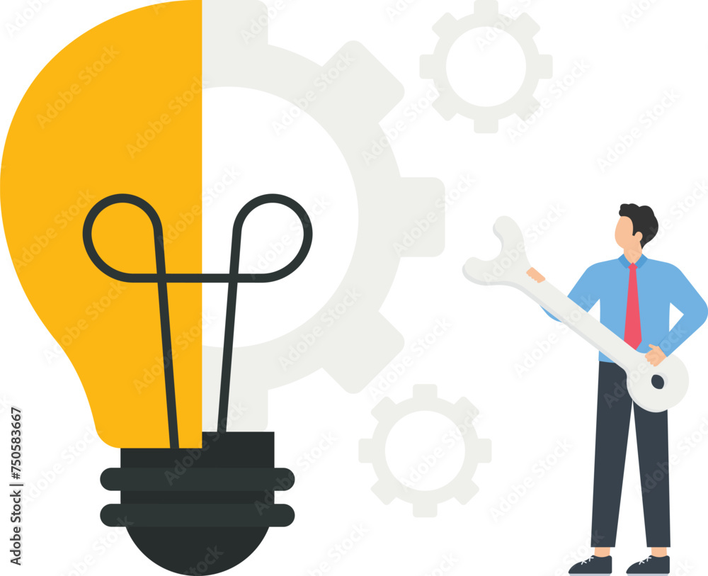 Business plan creation and development of creative solutions, Man create idea light bulb with pencil and wrench concept,
Business plan creation and development of creative solutions, Man create idea light bulb with pencil and wrench concept,