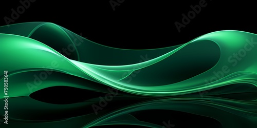 Luminescent green abstract 3D waves casting vibrant reflections, creating a dynamic interplay of light.