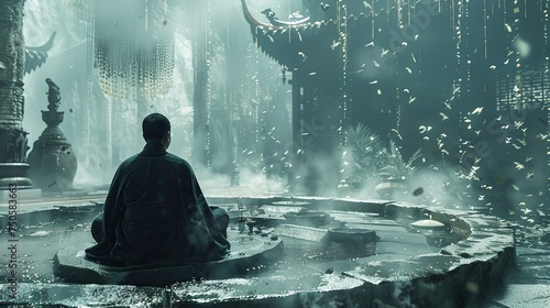 A solitary monk meditates in an ancient, mystical temple, surrounded by serene mist and floating petals, evoking peace and spiritual transcendence.