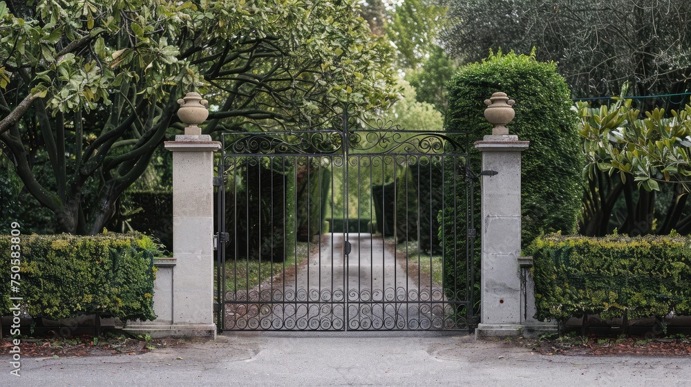 Metal driveway property entrance gates set in concrete fence with garden trees in background Metal driveway property entrance gates set in concrete fence with garden trees in background