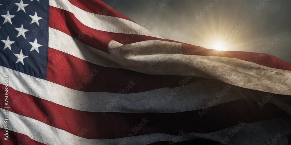 American flag waving in the wind with sunrays. 3d rendering