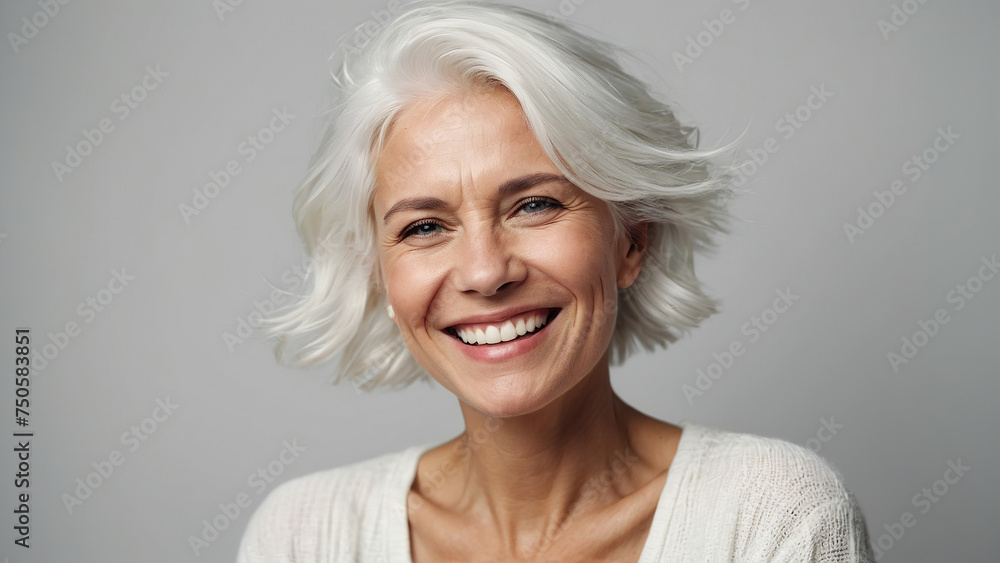 A young Caucasian woman with white hair smiles happily.