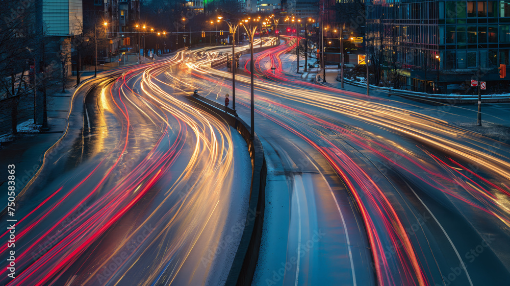 Nighttime Traffic: Trailing Lights Illuminate Urban Streets, Aerial View