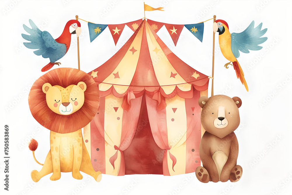 Obraz premium Animals lion and bear on background stripes tent of circus for show and childish entertainment. Circus canopy performance. Watercolor illustration