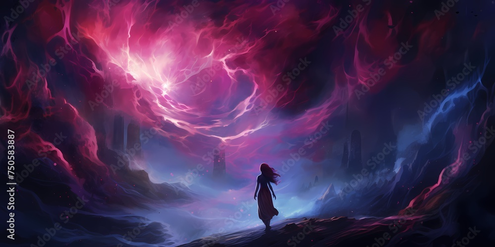 Layers of rich magenta and deep indigo blend harmoniously, casting a spellbinding aura reminiscent of twilight skies, captured within the confines of a dynamic gradient waves illustration. - obrazy, fototapety, plakaty 