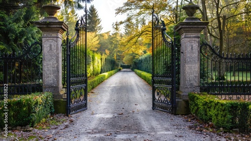Metal driveway property entrance gates set in concrete fence with garden trees in background photo