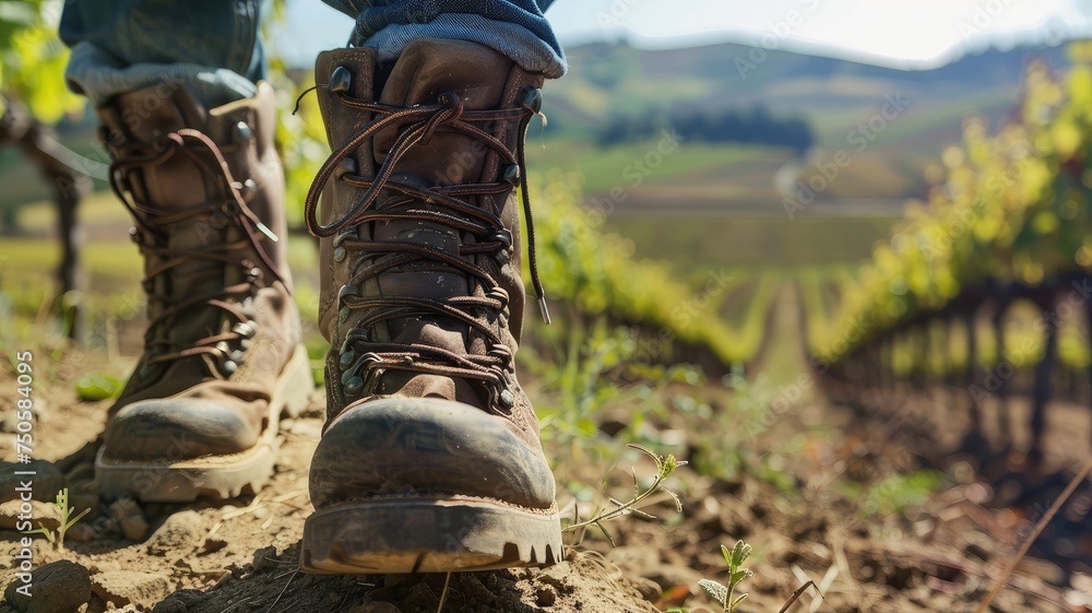 hiking boots, showcasing the textures and details of the footwear amidst the scenic backdrop of lush grapevines and rolling hills. hiking boots, showcasing the textures and details of the footwear amidst the scenic backdrop of lush grapevines and rolling hills.