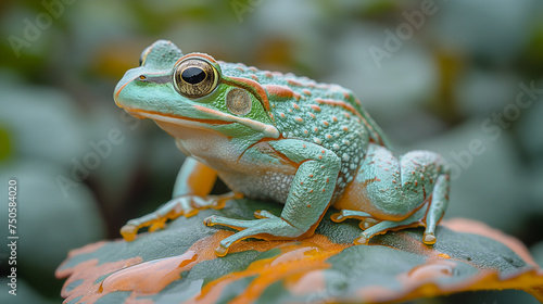 Common Frog standing on a leaf in nature Image generated by AI © Chainat