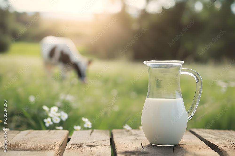 Milk in transparent glass jug on background sun green landscape with cow. Natural cow milk with farming. Sunny day on meadow. Milk with copy space Milk in transparent glass jug on background sun green landscape with cow. Natural cow milk with farming. Sunny day on meadow. Milk with copy space