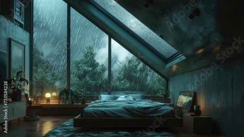 a cozy bedroom adorned with a roof window positioned above the bed, offering a glimpse of a stormy night unfolding outside, evoking feelings of warmth and comfort amidst the tumultuous weather.