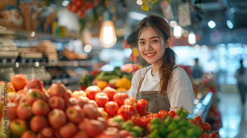 Asian woman buying fruits at the market