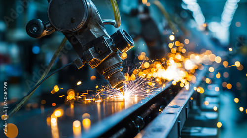 Sparks fly in a modern automotive factory, showcasing robotic welding technology