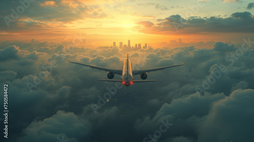 Commercial Jet Airplane Flying Above Clouds at Sunrise, transportation concept