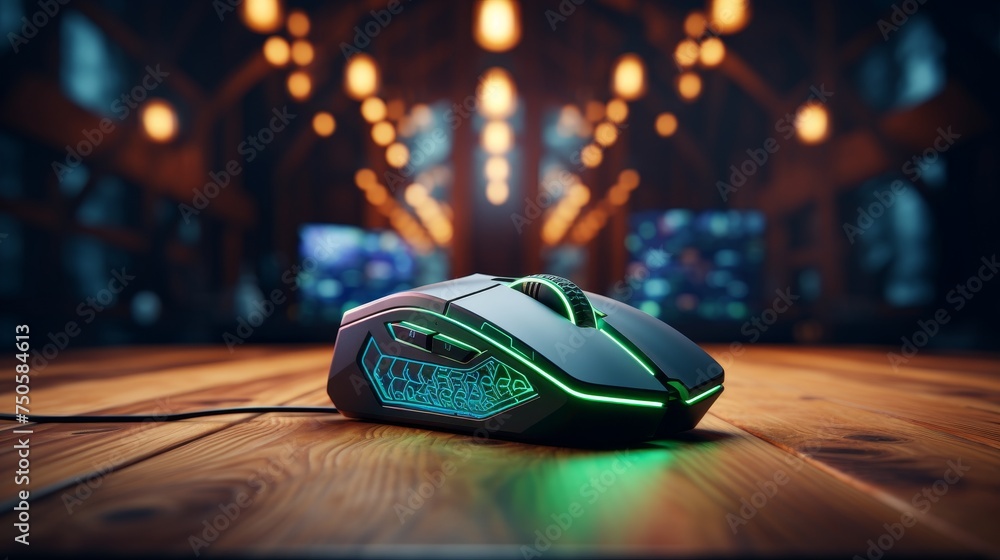 Close up of gaming mouse on desk with ample copy space, technology and gaming accessories concept - obrazy, fototapety, plakaty 