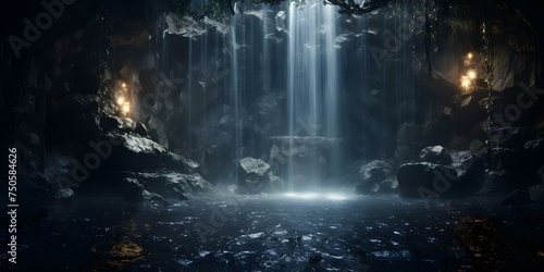 Glistening crystals in moonlight illuminate enchanting grotto behind a waterfall. Concept Enchanted Grotto, Waterfall, Moonlight, Crystal Illumination