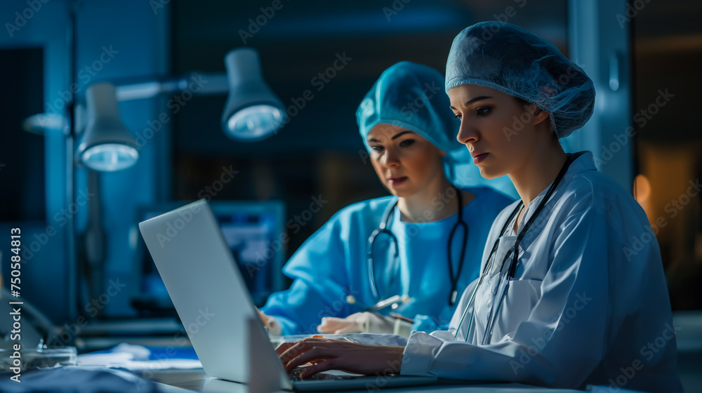Female doctor and nurse working together on a laptop during a late-night shift at a hospital