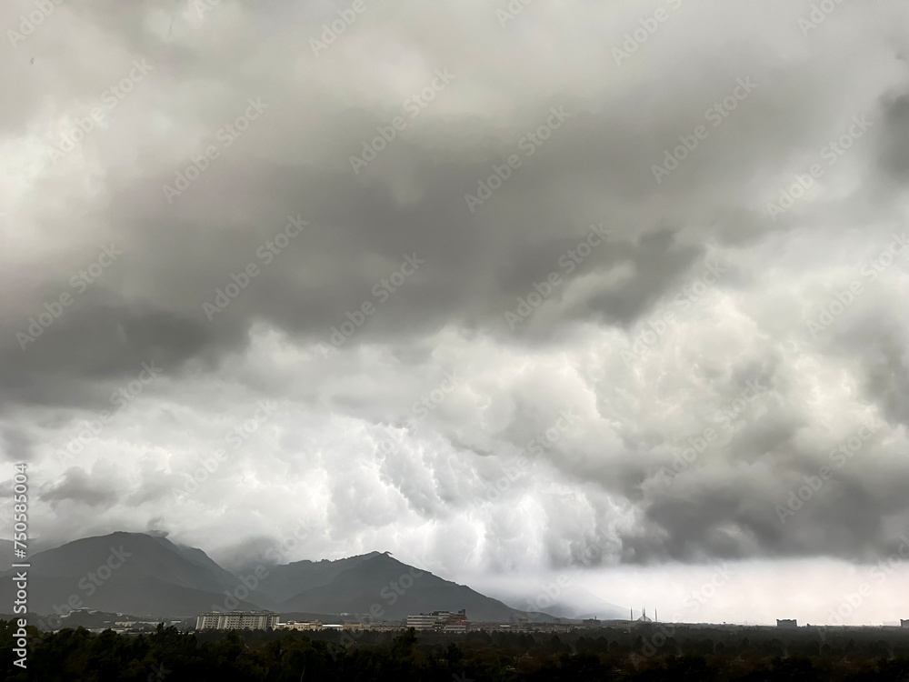 storm with rain over the city dark city