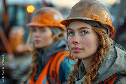 Close up portrait of a girl in her 20s, construction engineer with another colleague in the background, working on site, wearing safety vests and construction helmets