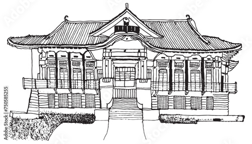 Traditional Japanese architecture. 
Hand drawn sketch vector illustration.