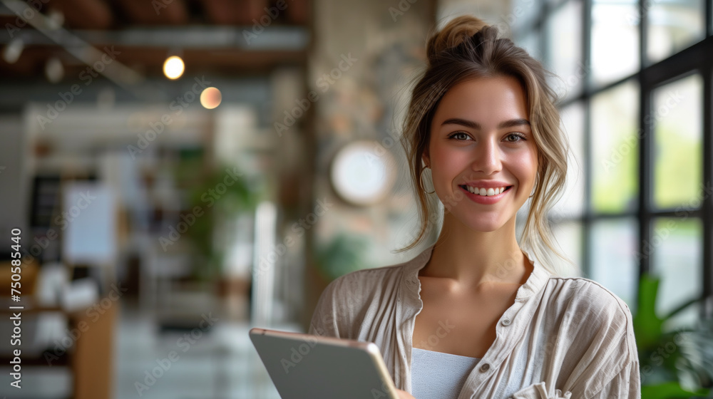 Smiling Young Professional with Tablet in Modern Office Space Smiling Young Professional with Tablet in Modern Office Space