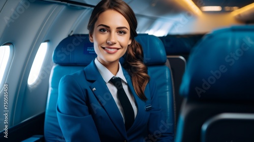 Portrait of a smiling Attractive Flight Attendant wearing a blue uniform looking at the camera on an Economy Class plane. Travel, Service, Transportation, Aircrew, Profession Concepts. Copy Space. © liliyabatyrova