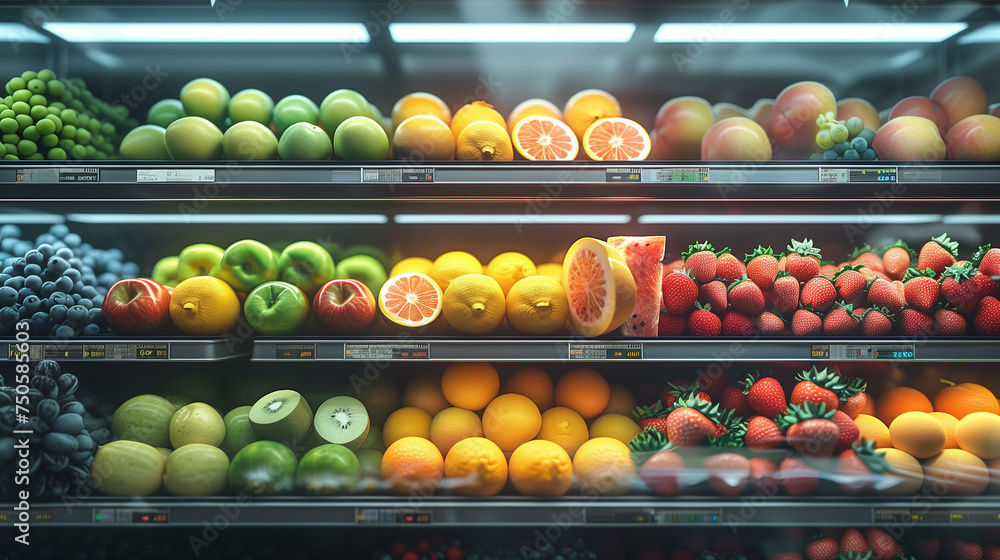Fresh fruits on supermarket shelf 