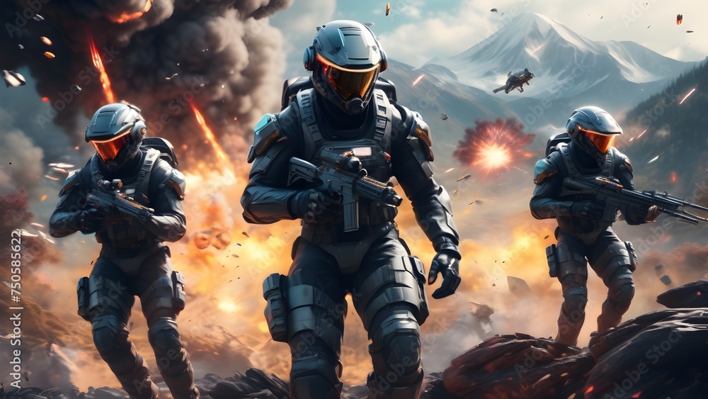 Dramatic Action Mystery Planet Group Of Heroes Clad In Sleek Futuristic Helmets Dramatic Action Mystery Planet Group Of Heroes Clad In Sleek Futuristic Helmets