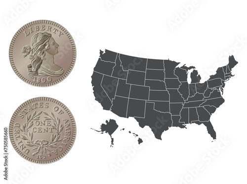 Vector American money, one cent coin, 1796-1807. Vector illustration isolated on the background of a map of the USA.