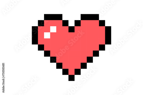 Pixel element in 8-bit style isolated on white background. Red heart shaped icon, bright colors, life button in the game.
